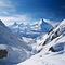 Majestic panorama Snowy mountain vista captured in expansive panoramic view
