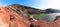 Majestic panorama of volcanic green lake El Lago Verde , black sand beach and the eroded volcano crater walls in black