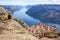 Majestic Panoramic summer view of the world famous Preikestolen Preacher`s Pulpit or Pulpit