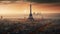 Majestic Paris skyline at dusk, illuminated romance generated by AI