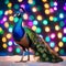 A majestic peacock with its colorful tail feathers decked out in holiday lights and ornaments1