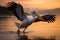 A majestic pelican soaring over a serene body of water. Generative AI