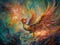 majestic phoenix bird is depicted in a vibrant painting style against a rich turquoise background