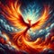 A majestic phoenix with its fiery wings, painting the sky with vibrant hues, bold painting, legendary, mythical spirit