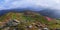 Majestic photo of mountain landscape. The rhododendron flowers grow at the rocks. Panoramic view. Summer scenery. Save Earth.