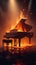 Majestic piano engulfed in fire under a spotlight creates dramatic beauty