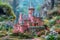 A majestic pink castle rises like a dream amidst lush gardens, fit for a princess