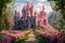 A majestic pink castle rises like a dream amidst lush gardens, fit for a princess