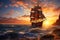 A majestic pirate ship sailing the ocean at sunset, Generative Ai