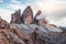 Majestic power of nature. Mountains in the fog and clouds. Tre Cime di Lavaredo