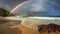 Majestic rainbow over tranquil seascape at sunset generated by AI