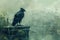 Majestic Raven Overlooking a Foggy Cityscape with Birds in Flight and Ruins Amidst Urban Decay