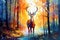 Majestic Red Deer Standing in Autumn Fall Forest Painting