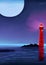 A Majestic Red Lighthouse Stands on a Rocky Cliff in this Full Moon Coastal Night Scene - Illustration.