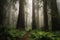 majestic redwood forest with misty fog and towering trees