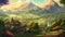 Majestic Retro Landscape Artwork of Scenic Mountains, Crystal Clear Waterfalls