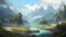 Majestic Retro Landscape Artwork of Scenic Mountains, Crystal Clear Waterfalls