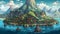 Majestic Retro Landscape Artwork of Scenic Mountains, Crystal Clear Waterfalls