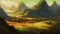 Majestic Retro Landscape Artwork of Scenic Mountains, Crystal Clear Waterfalls