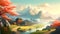 Majestic Retro Landscape Artwork of Scenic Mountains, Crystal Clear Waterfalls