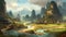 Majestic Retro Landscape Artwork of Scenic Mountains, Crystal Clear Waterfalls