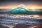The Majestic Rise of a Surf Wave as the Sun Sets Behind the Horizon. AI generated