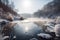 majestic river frozen in winter, covered in snow and ice