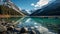 Majestic Rocky Mountains reflect tranquil Moraine Lake beauty generated by AI
