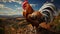 A majestic rooster stands proudly in a rural farm landscape generated by AI