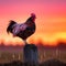 Majestic Rooster at Sunset on Wooden Fence Post