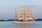 Majestic sailboat against an idyllic blue sky at the Hanse Sail Festival 2023 in Rostock, Germany