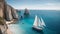 A majestic sailboat glides through turquoise waters, flanked by towering cliffs
