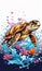 Majestic sea turtle gracefully swimming in ocean depths, surrounded by tranquil beauty of delicate lotus flower. For