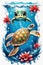 Majestic sea turtle gracefully swimming in ocean depths, surrounded by tranquil beauty of delicate lotus flower. For