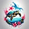 Majestic sea turtle gracefully swimming in ocean depths, surrounded by tranquil beauty of delicate lotus flower. For