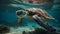 Majestic sea turtle swimming in tranquil underwater nature generated by AI