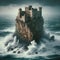 Majestic seaside castle enveloped by turbulent waves