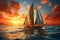 Majestic and serene. beautiful white sailing yacht gliding through the ocean at captivating sunset