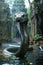 Majestic Serpent in Ancient Temple Rainforest Scene with Intricate Stone Carvings and Mystic Atmosphere