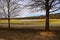 A majestic shot of a golf course with autumn colored grass surrounded by green and autumn colored trees