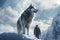 A majestic Siberian Husky leading its owner on a thrilling adventure through a scenic snowy landscape. Generative Ai