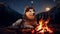 A majestic Siberian Husky resting by a crackling campfire under a star-studded night sky, AI generated