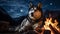 A majestic Siberian Husky resting by a crackling campfire under a star-studded night sky, AI generated