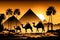 The majestic silhouette of a caravan of camels is set against the backdrop of the ancient Egyptian pyramids