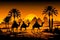 The majestic silhouette of a caravan of camels is set against the backdrop of the ancient Egyptian pyramids