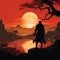 Majestic silhouette, samurai poised at sunset, an iconic stance against vibrant backdrop