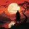 Majestic silhouette, samurai poised at sunset, an iconic stance against vibrant backdrop