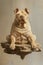 Majestic Sitting Bulldog Sculpture Floating in Mid Air on Stone Platform with a Beige Background