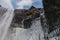 majestic skogafoss waterfall with frozen icicles on rocks