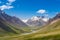 Majestic snow capped mountain peak with green alpine meadows